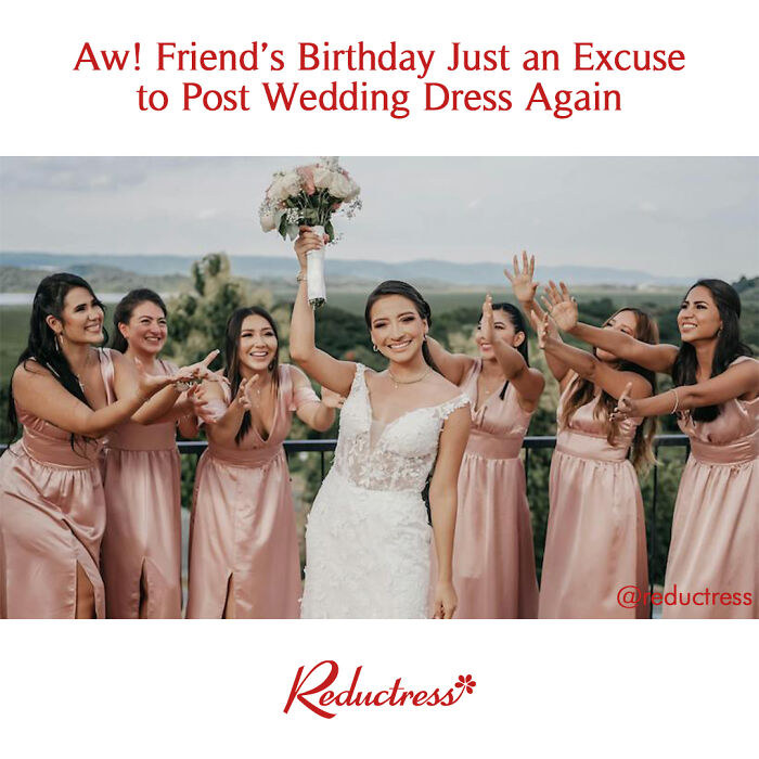 Bride in wedding dress holding bouquet while bridesmaids in pink dresses reach for it, funny fake article headline image
