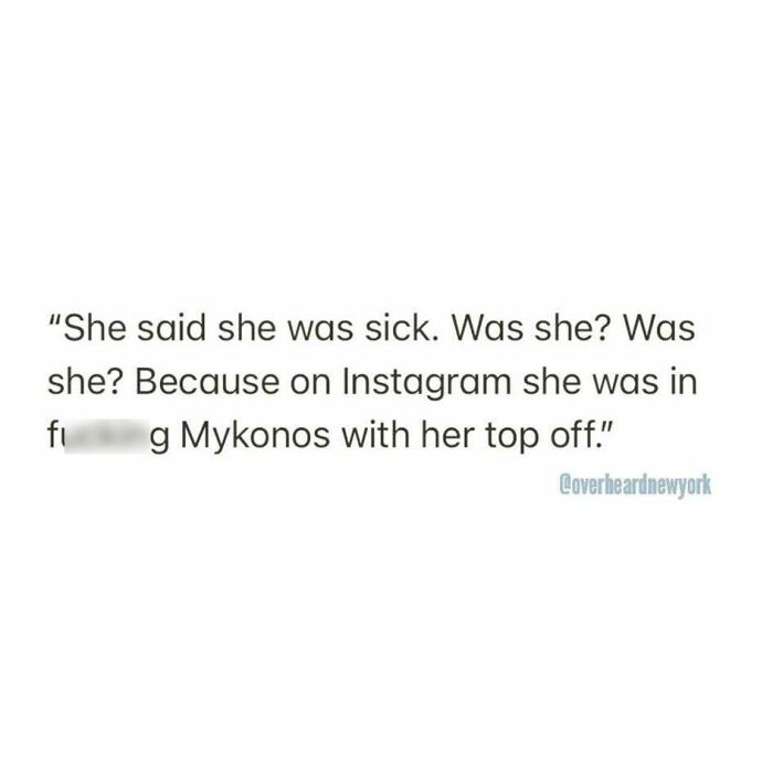 Text message showing a wild NYC conversation about someone claiming to be sick while posting on Instagram in Mykonos.