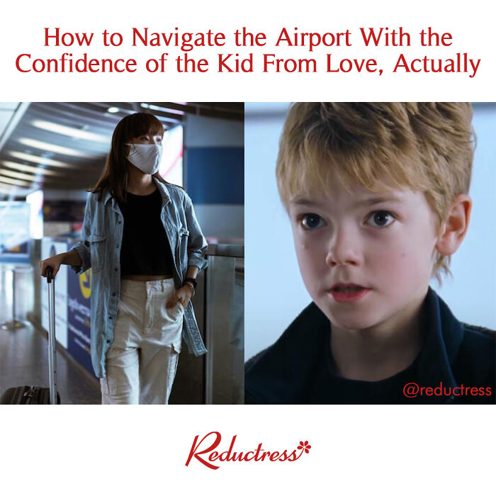 Woman wearing a face mask with luggage at airport and a kid from Love Actually, humorous fake article headline from Reductress magazine.