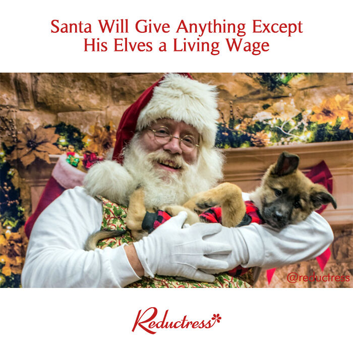 Santa Claus holding a puppy with a humorous headline about elves and living wage from Reductress fake article headlines.