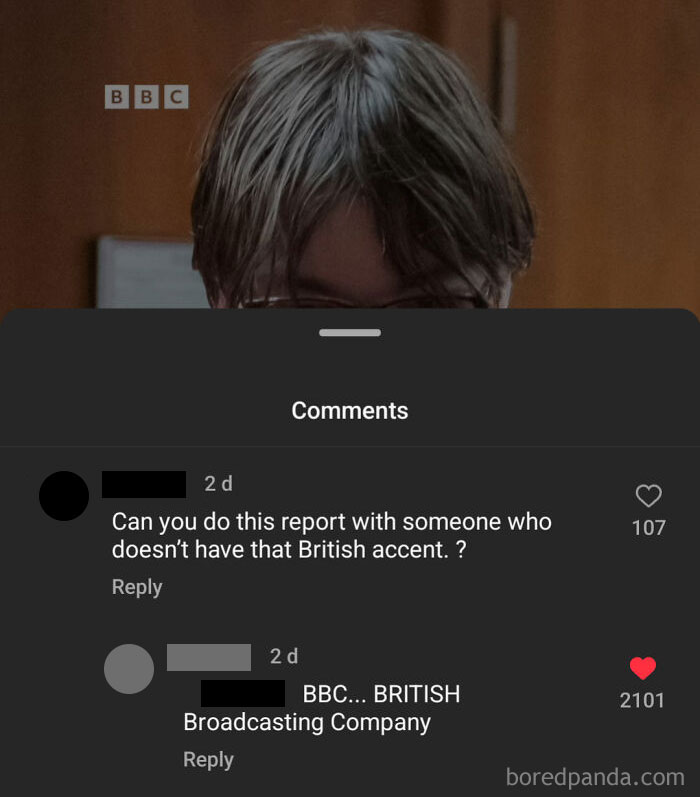 Humorous exchange on BBC post, highlighting a roast about the British accent.