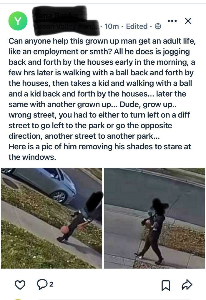 Screenshot of a wild neighbor post showing a man jogging and walking with a ball in a residential area.