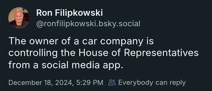 Text post highlighting a facepalm moment about a car company owner influencing the House via a social media app.