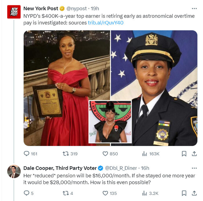 Retiring NYPD officer in a red dress, holding a plaque, highlighting facepalm moments and overtime pay issues.