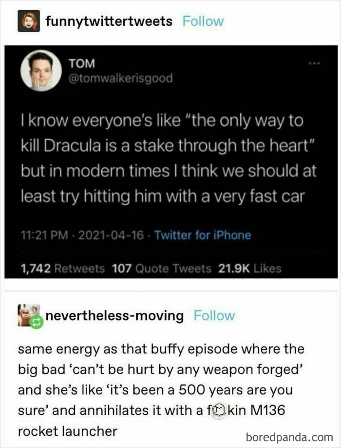 Funny tweet about modern ways to defeat Dracula, suggesting using a car instead of a stake, paired with a Buffy reference.