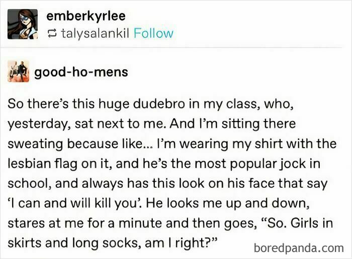 A humorous meme showcasing cultural interactions and funny school dynamics with a jock and a lesbian flag shirt.