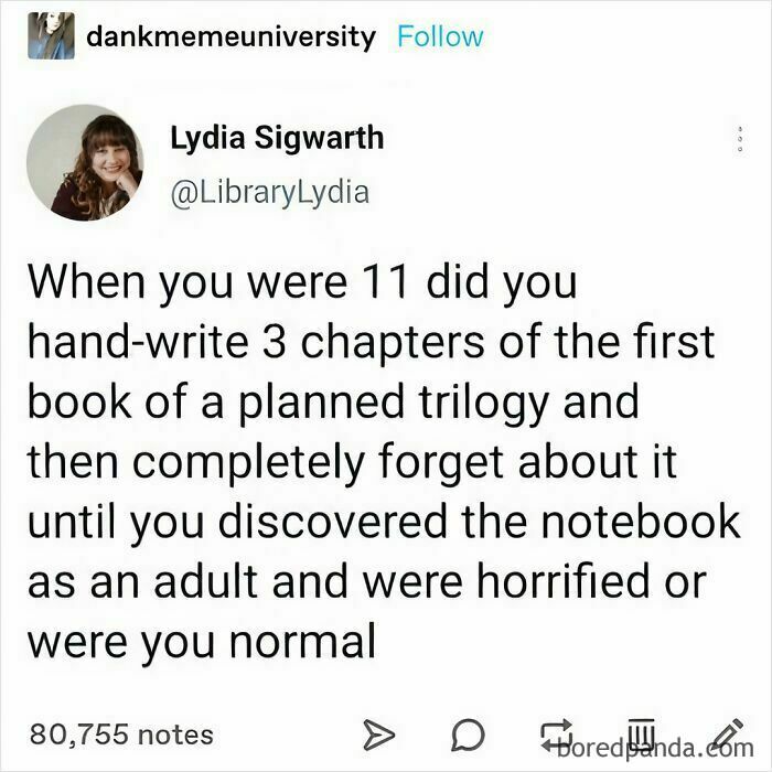 Funny meme about childhood writing projects and forgotten stories, shared by Lydia Sigwarth on social media.
