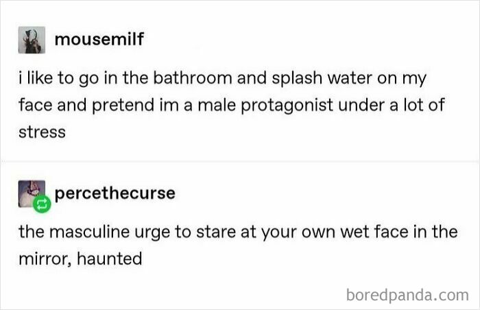 Text exchange humor about culture, with one person pretending to be a stressed male protagonist.