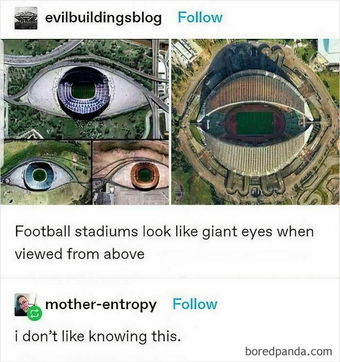 Aerial view of football stadiums resembling eyes — memes showcasing unique perspectives and cultural humor.