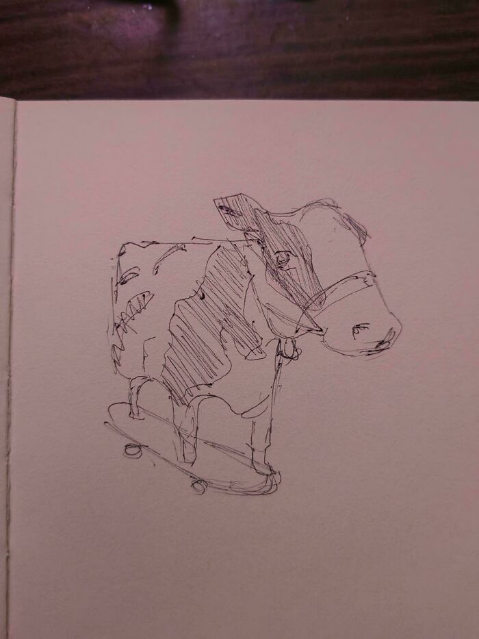 A simple sketch of a cow on a skateboard, nothing particularly interesting.