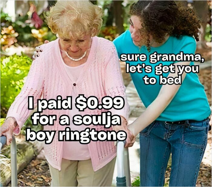 Elderly woman with walker humorously claiming she paid $0.99 for a ringtone, while young woman gently guides her. Funny meme moment.