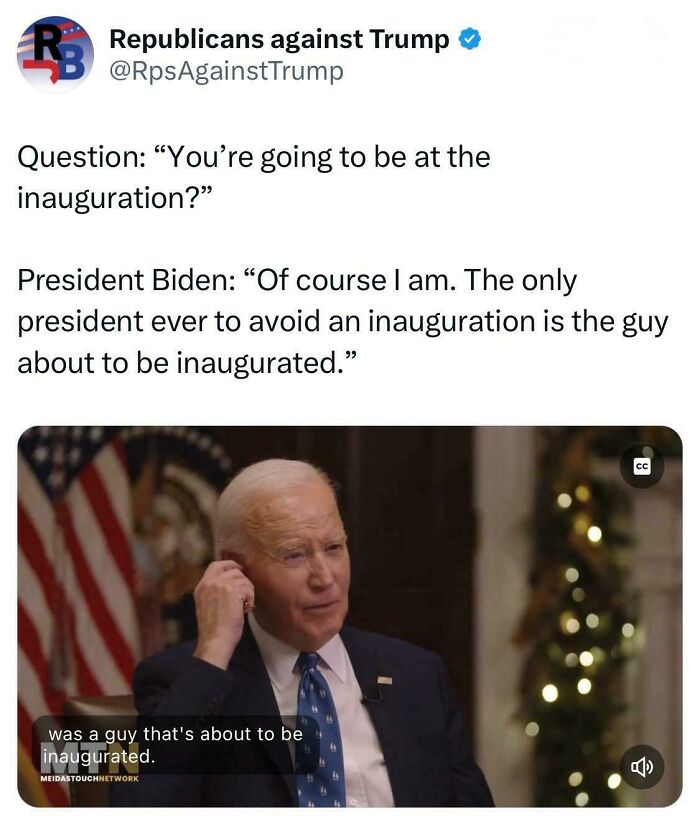 Tweet screenshot from White People Twitter featuring President Biden discussing presidential inauguration.