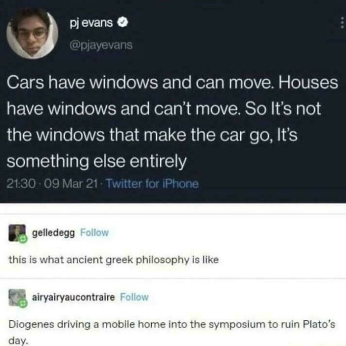 Social media post humorously comparing cars and houses with philosophical comments.