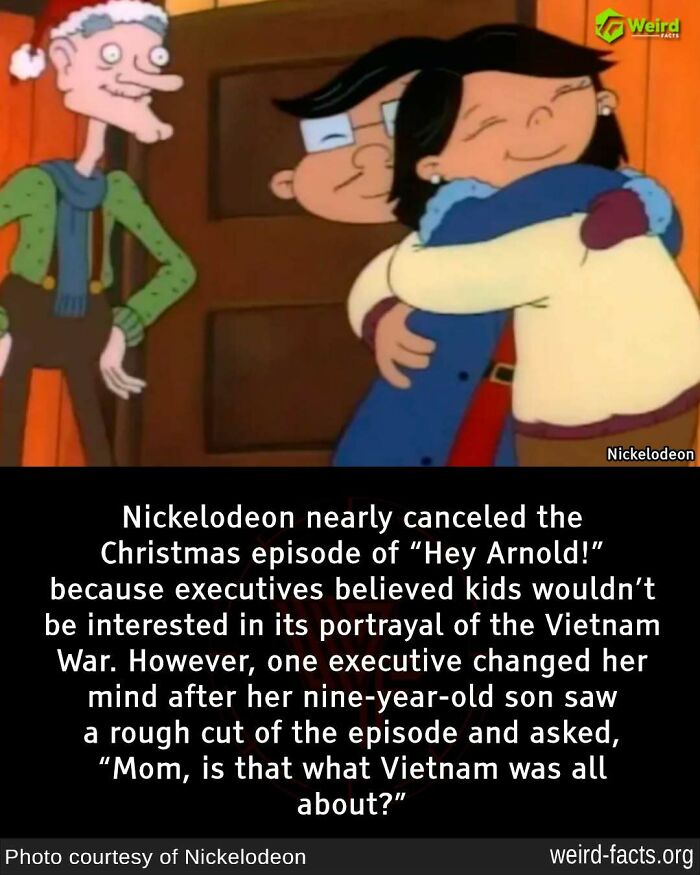 "Cartoon characters hugging, with text describing a nearly canceled Hey Arnold episode about the Vietnam War."