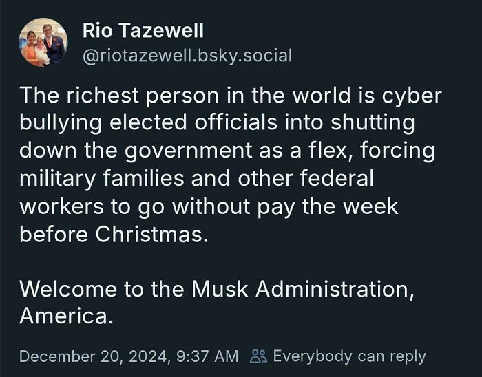 Screenshot of a social media post showing a facepalm moment about government shutdowns and cyberbullying under a fictional administration.