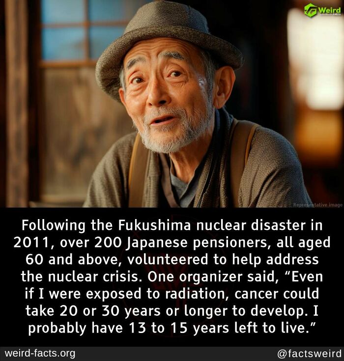 Man in hat with text about over 200 Japanese pensioners volunteering after Fukushima disaster, showcasing a unique fact.