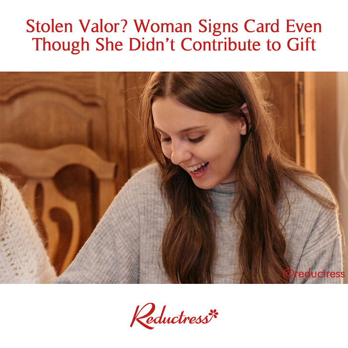 Young woman smiling while signing card, featured in funniest fake article headlines from Reductress online magazine.