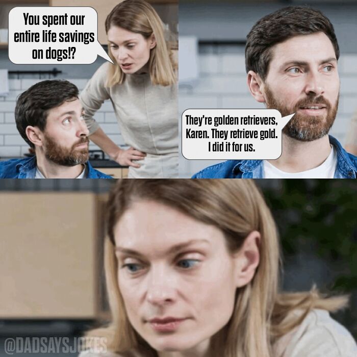 Man and woman in a humorous conversation about spending life savings on golden retrievers, showcasing dad humor.