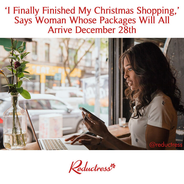 Woman using phone and laptop in cafe illustrating funny fake article headlines from Reductress online magazine.