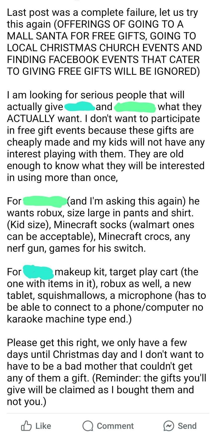 Text from an online community highlighting cases of beggars being choosers, with a specific gift request list.