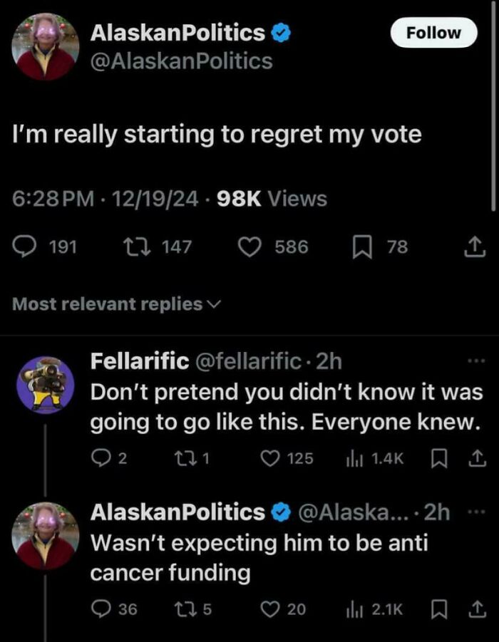 Twitter exchange showing regret over a voting decision; a facepalm moment revealing unexpected political outcomes.