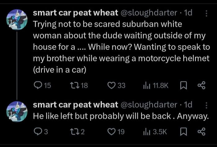 Creepy images of a Twitter user's fear of a stranger in a motorcycle helmet waiting for their brother.