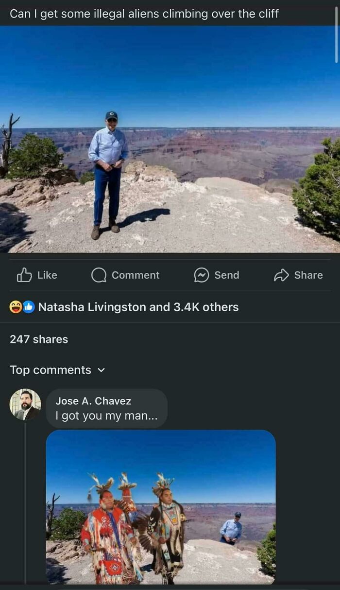 Man standing at the cliff edge with a humorous roast in the comments below, featuring traditional attire.