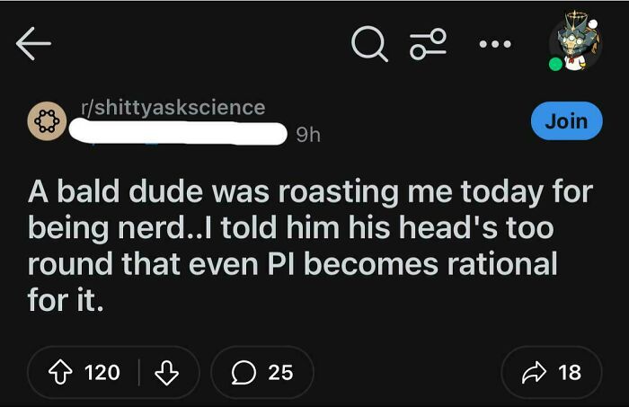 Text exchange with humorous roast about a bald person's head shape, featuring clever PI joke.