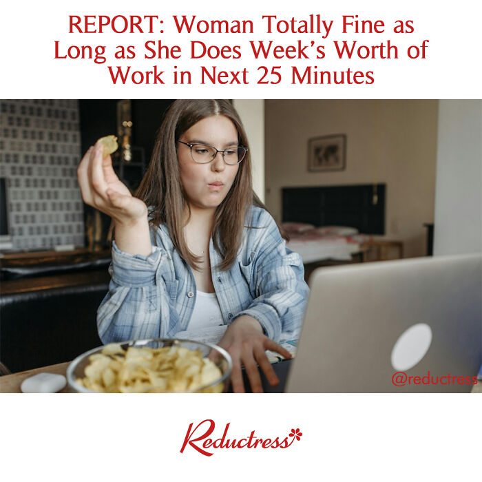 Young woman eating chips while working on a laptop, illustrating funny fake article headlines from Reductress online magazine.