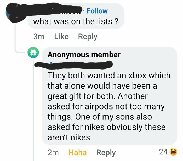 Beggars being choosers in a humorous text exchange about gift requests like Xbox and AirPods.