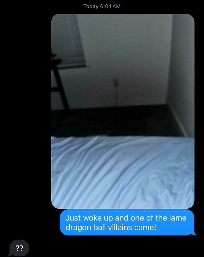 Dark room with bed corner and humorous text about a Dragon Ball villain. Best-Texts-Of-2024 theme.