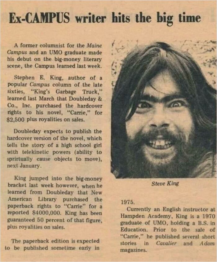 Vintage newspaper clipping highlighting an ex-campus writer's success, featuring historical photos of early career days.