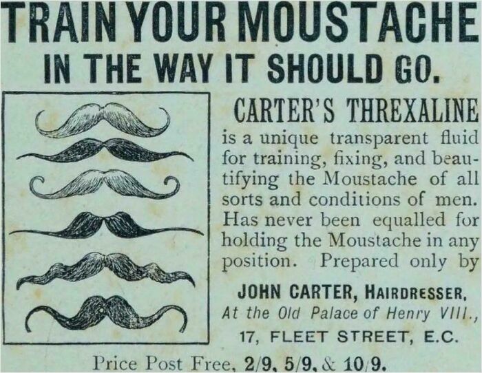 Vintage advertisement for Carter's Threxaline, showcasing various mustache styles and a unique grooming product.