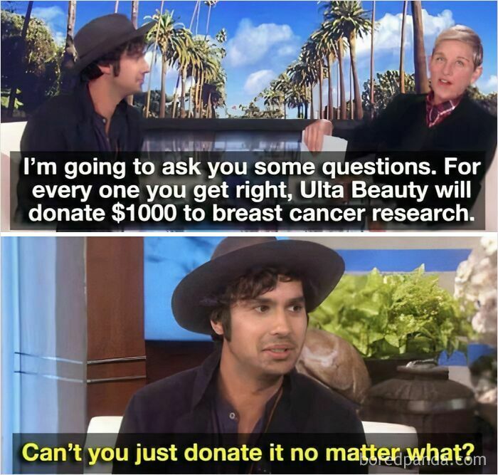 TV show scene with two people discussing a donation challenge; a funny meme moment.