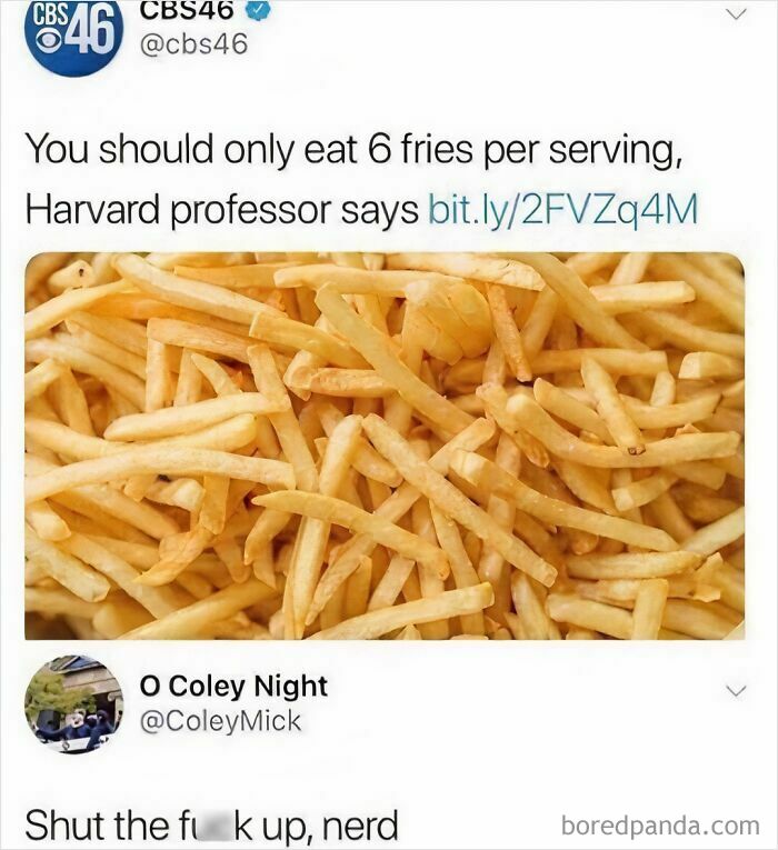 Funny meme about eating six fries per serving with a humorous response.