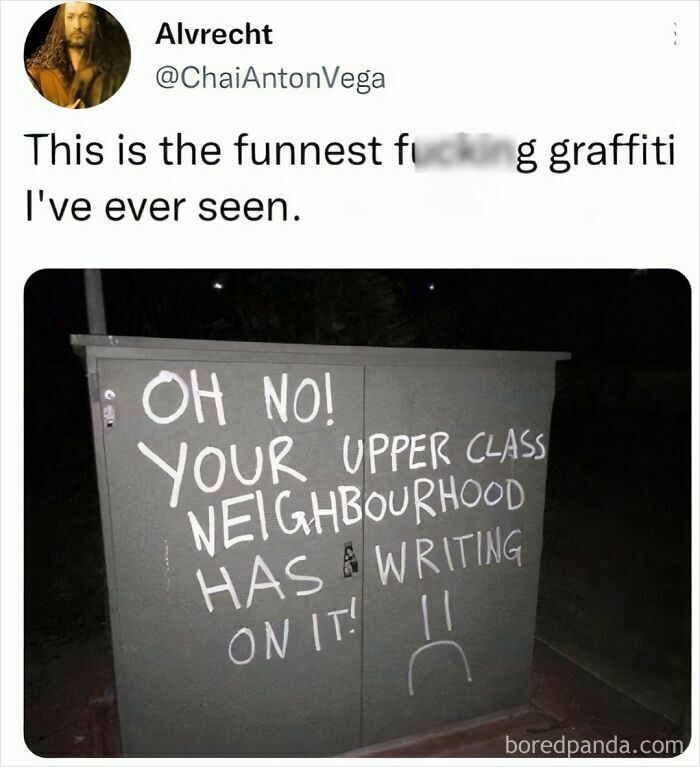 Graffiti humor with witty text on a utility box, resembling a funny dumpster fire meme.