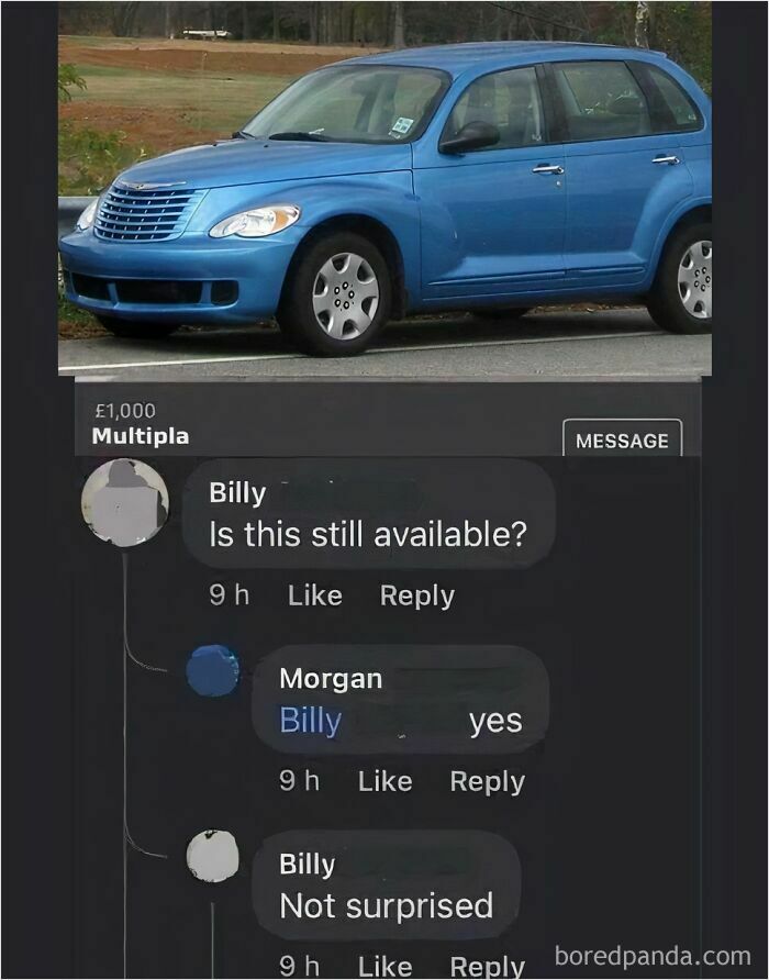 Blue car meme with humorous comments about its availability, evoking laughter at a metaphorical dumpster fire.