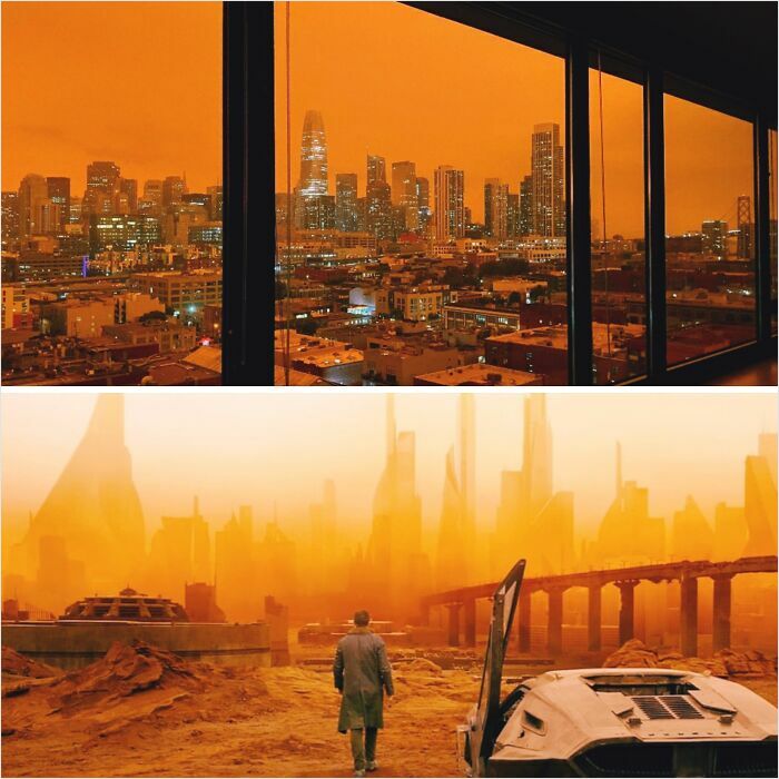 City skyline with an orange sky, resembling a video game scene with futuristic architecture.