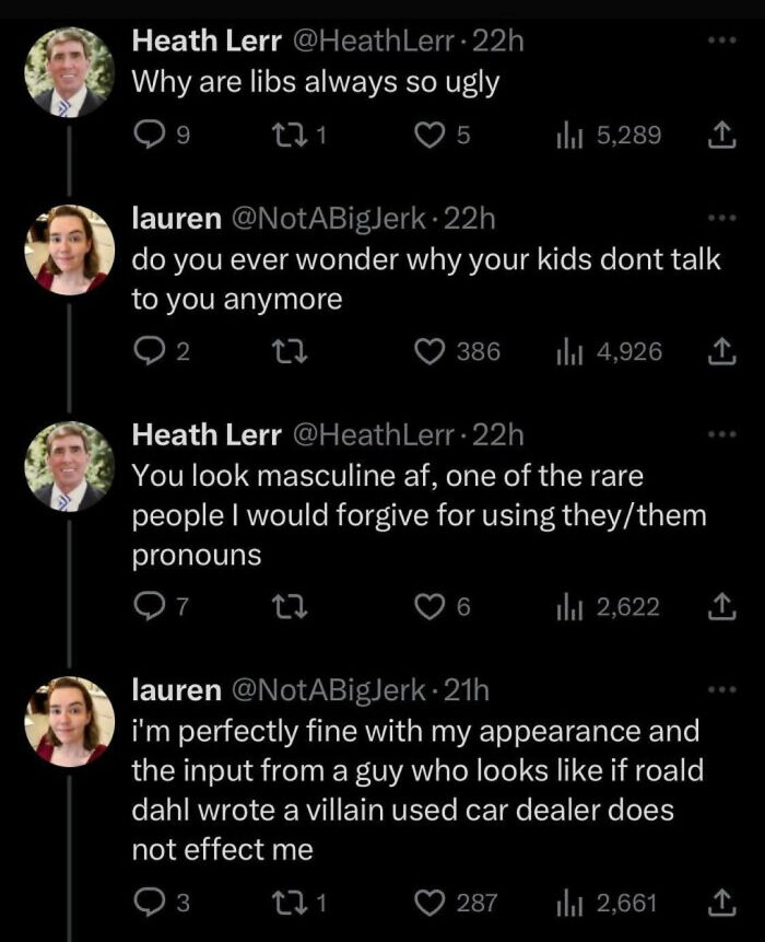 Twitter exchange featuring funny people roasts in 2024 with humorous replies.