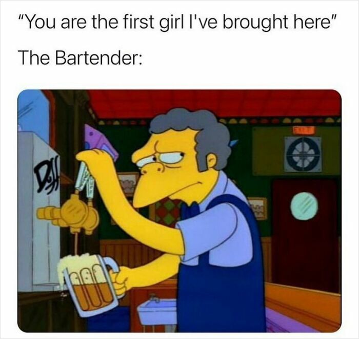 Cartoon bartender rolling eyes, humorously serving beer, illustrating a spot-on funny post.