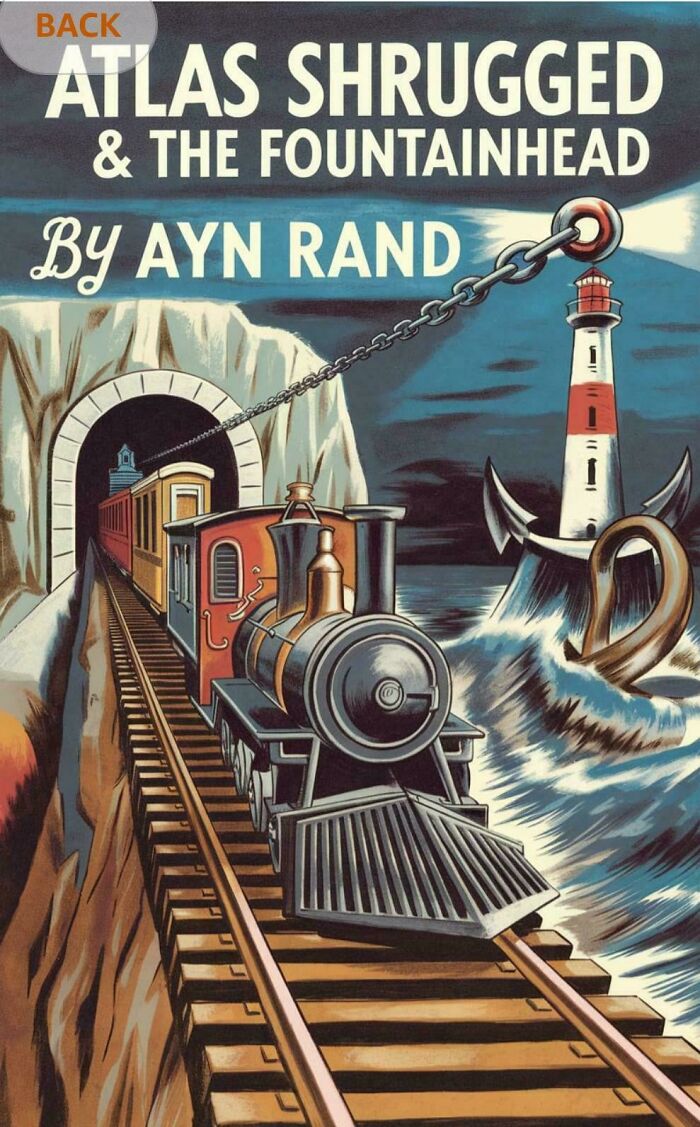 Train on tracks with lighthouse and anchor, featuring one of the terrible book covers.