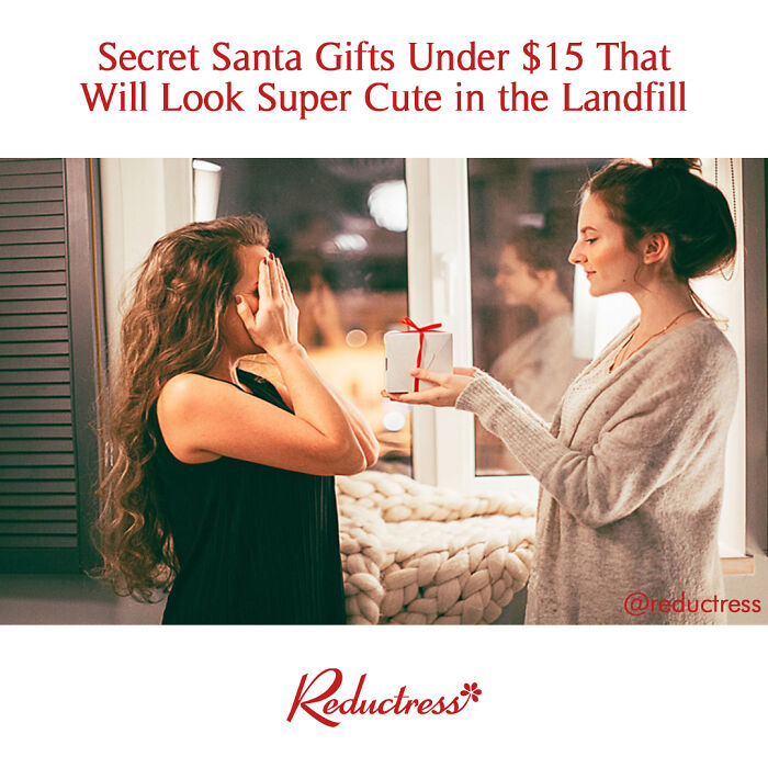 Two women exchanging a gift indoors, representing funny fake article headlines from Reductress online magazine.