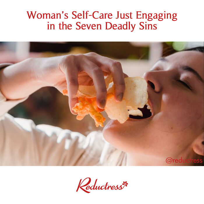 Woman eating chips with headline about self-care and seven deadly sins from Reductress fake article headlines.