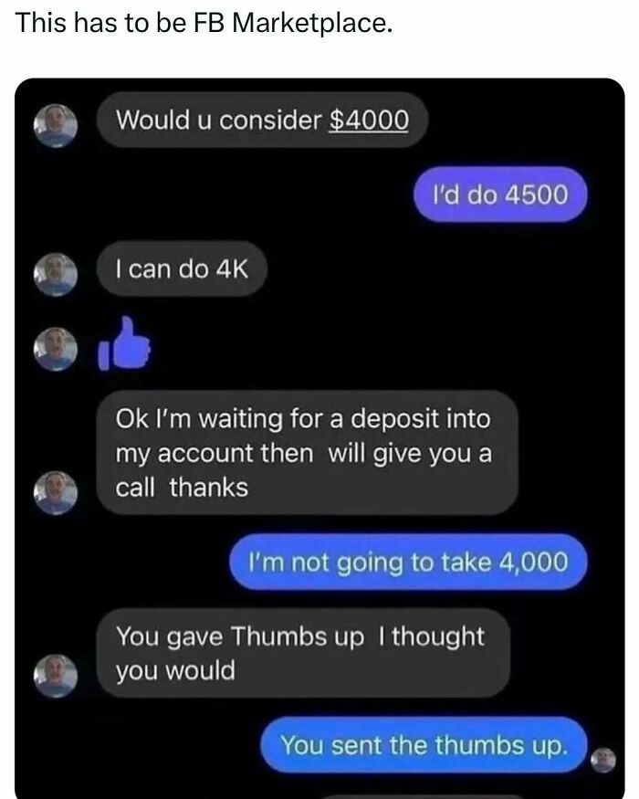 Funny and relatable meme for men about negotiating prices on Facebook Marketplace.
