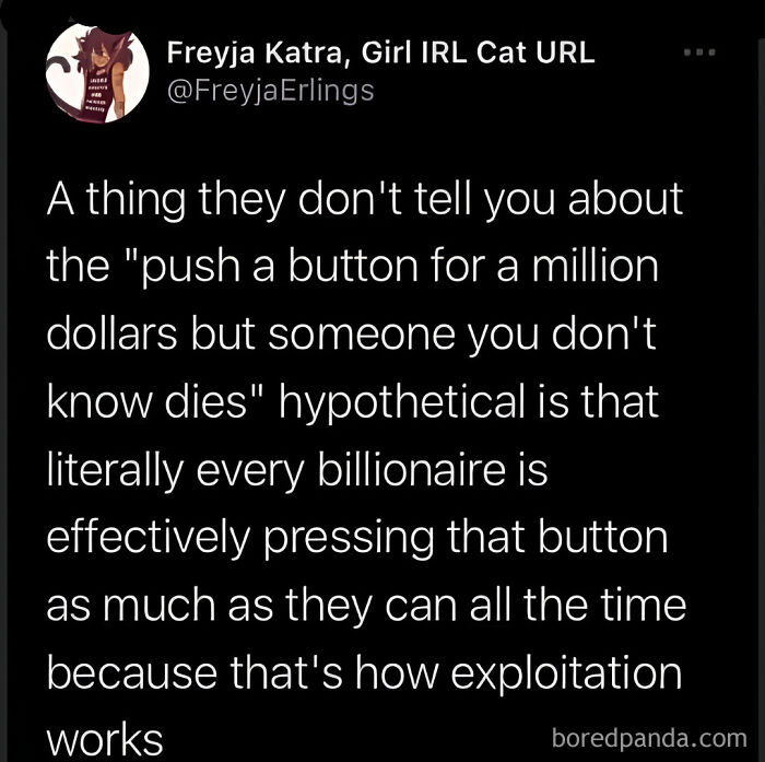 Text post critiquing consumerism, comparing billionaires to a moral hypothetical scenario.