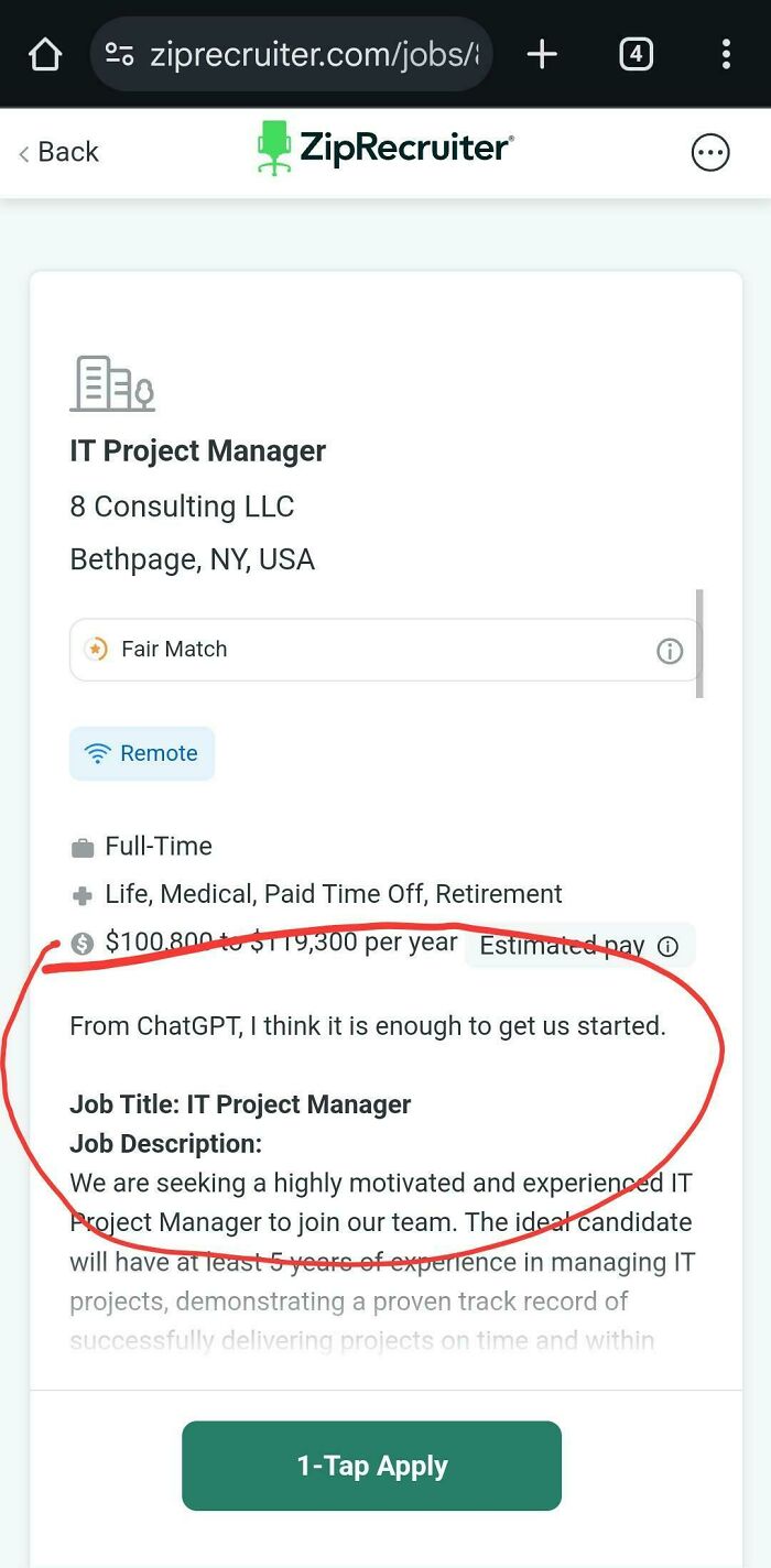 Job listing for IT Project Manager on ZipRecruiter, featuring a note from ChatGPT in red text.