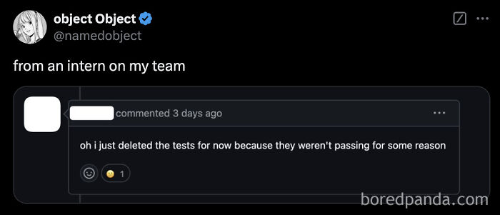 Programmer meme showing a team member jokingly deleting tests due to failing in code review.