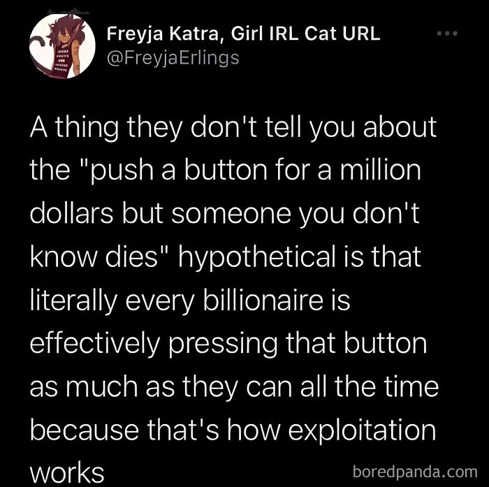 A tweet about billionaires and exploitation, highlighting societal facepalm moments.