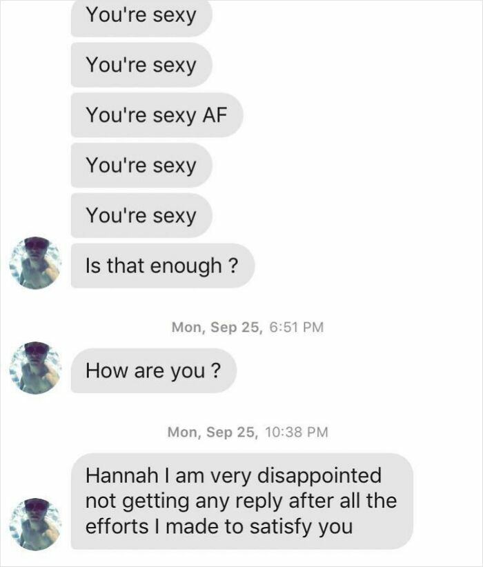 Screenshot of cringy messages where a man repeatedly calls a woman "s**y" and complains about no reply.