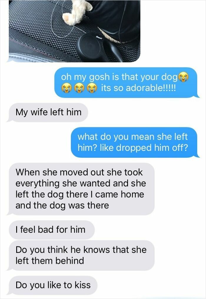 Chat screenshot of cringy conversation with unwanted advances featuring dog photo.